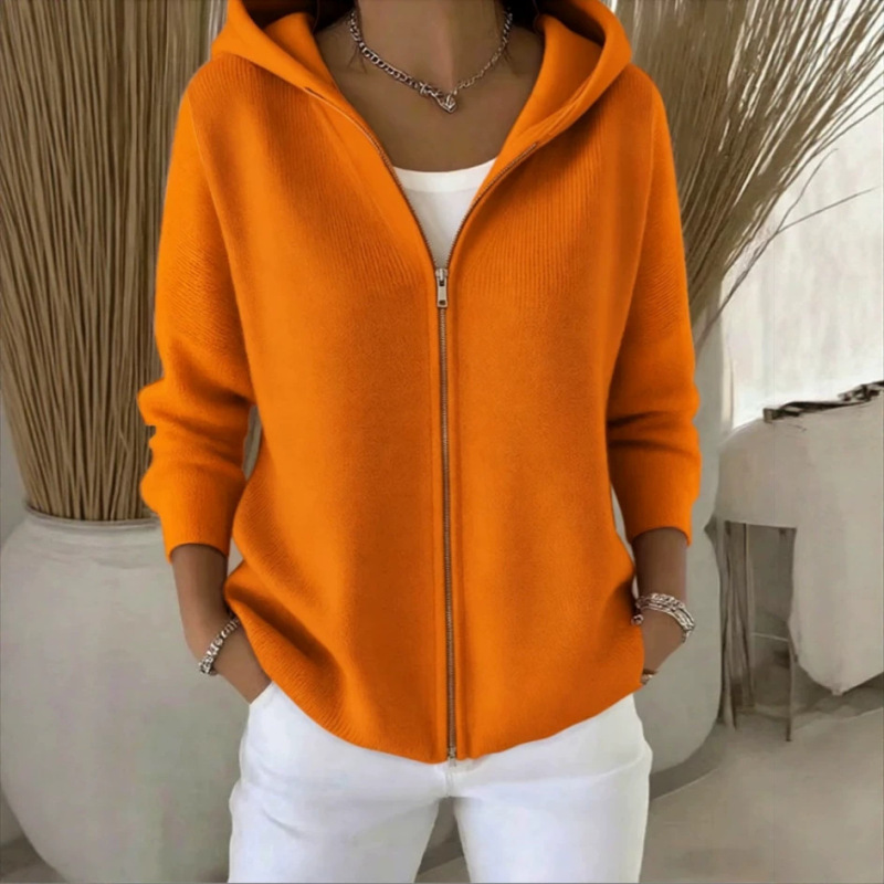European and American autumn pure cotton hooded zip-up knit cardigan for women, loose fit with pockets, casual style long-sleeve knit jacket European and American autumn pure cotton hooded zip-up knit cardigan for women, loose fit with pockets, casual style long-sleeve knit jacket