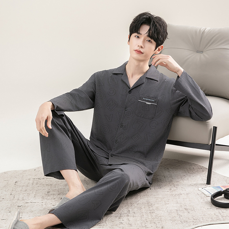 Spring and Autum New Pure Cotton Pajamas Men's Long-Sleeved Pants Cardigan Lapel Casual Wearable Men's Home Wear Set
