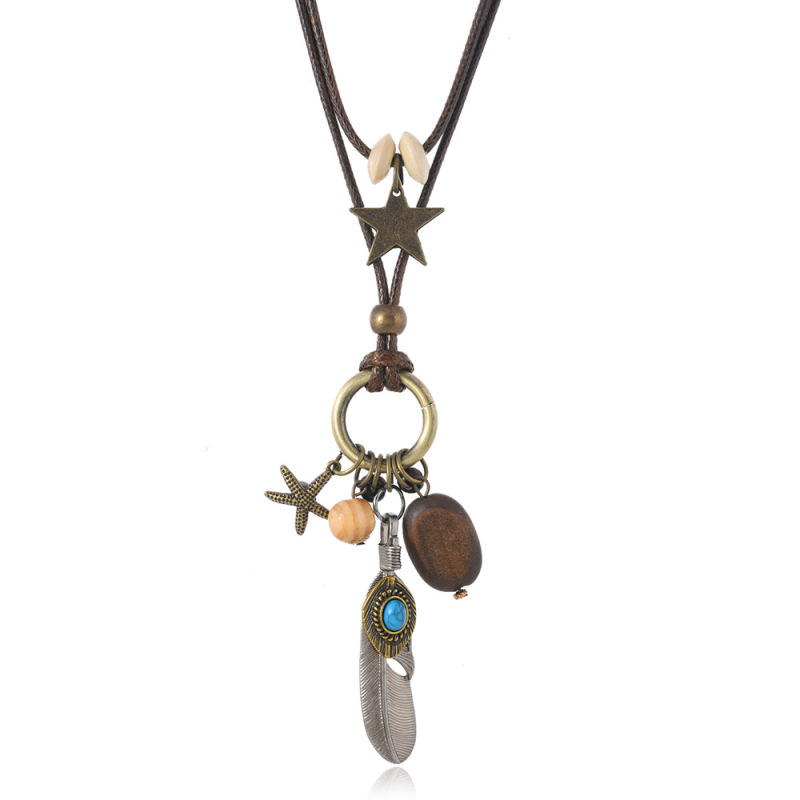 Fashion double-layer personality retro ethnic style versatile sweater chain new Chinese antique Zen long feather necklace for women