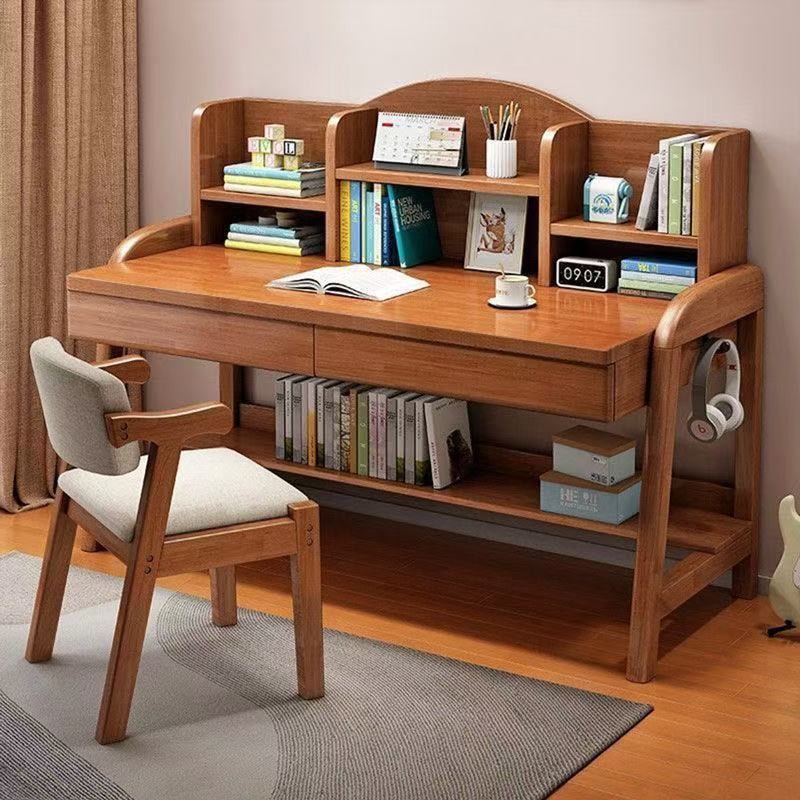 Solid Wood Children's Study Table for Primary and Secondary School Students, Home-Use Bookshelf Integrated Table, Adjustable Height, Bedroom Study Room Office Writing Desk