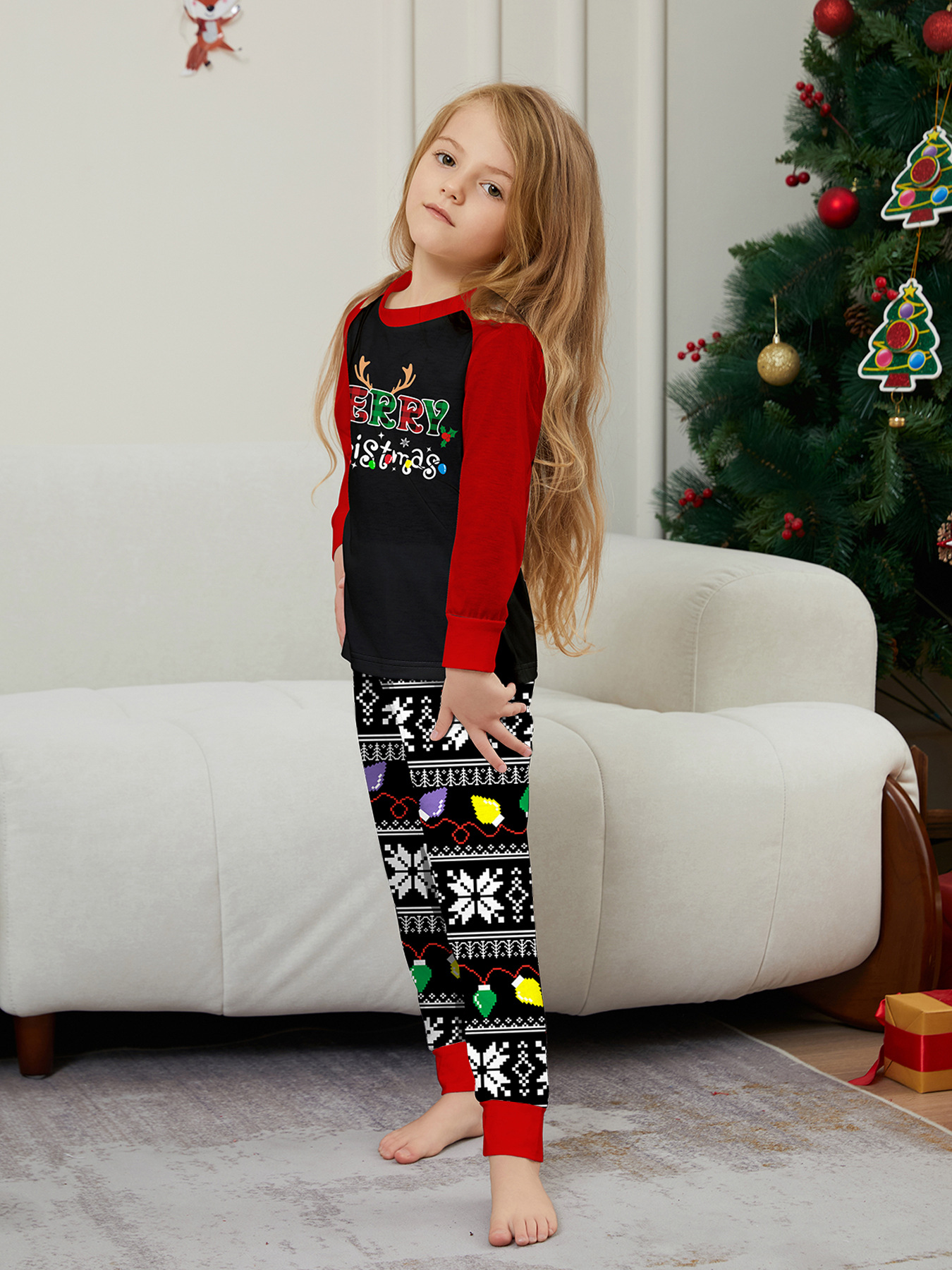 Pyjama imprimé pour la maison avec lettres de Noël et rayures en flocons de neige_voghion.com