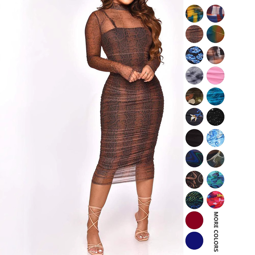 Q22S8254 欧美女装亚马逊新品透视网纱吊带印花性感连衣裙两件套