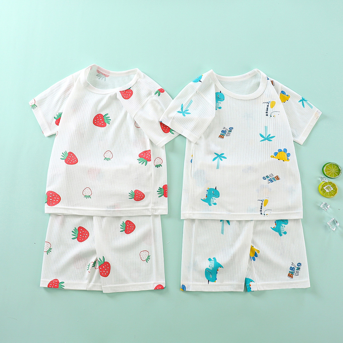 2022 children's summer thin pure cotton vertical bar short sleeve Suit Shorts home clothes boys' and girls' pajamas air conditioning clothes