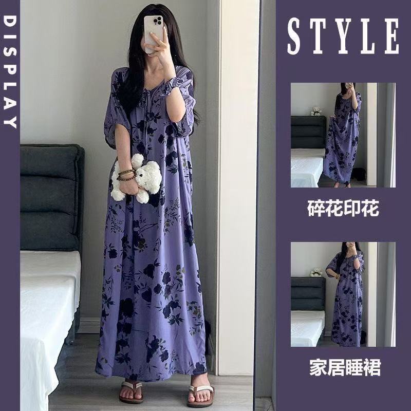 Extra Large Size 150kg Summer High-End Home Wear Floral Pajamas Chinese Style Loose Slimming Nightgown That Can Be Worn Outside the Home Extra Large Size 150kg Summer High-End Home Wear Floral Pajamas Chinese Style Loose Slimming Nightgown That Can Be Worn Outside the Home