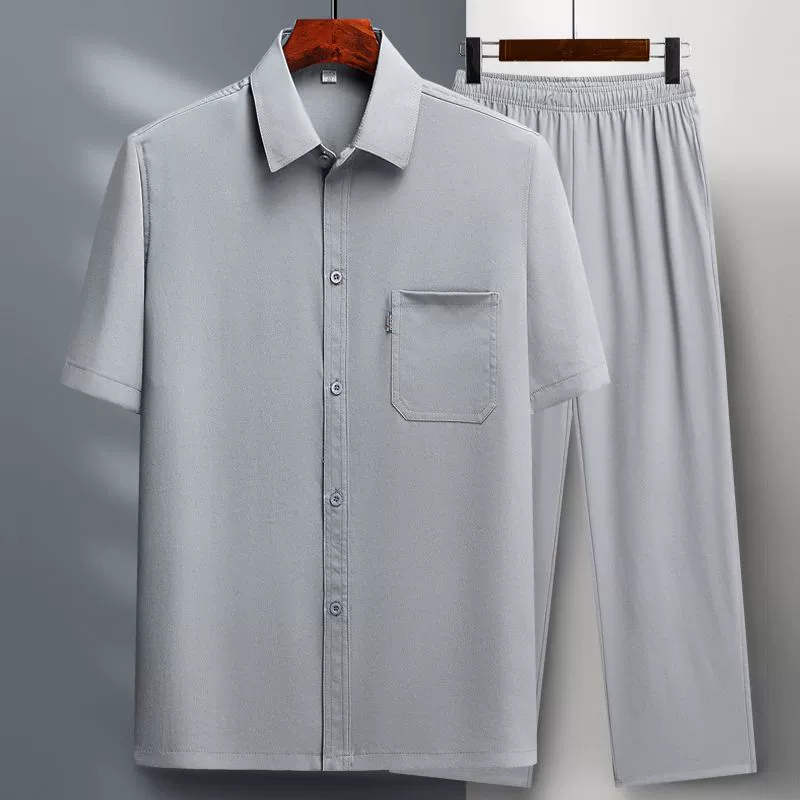 Летний костюм для папы, костюм Тан, повседневная рубашка с короткими рукавами, мужская летняя одежда среднего и пожилого возраста, спортивный комплект из двух предметов для дедушки