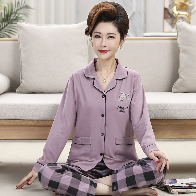 Pijamas de mujer de mediana edad 100% algodón Pijamas de mujer de verano de manga larga de mediana edad y madres ancianas usan traje Delgado