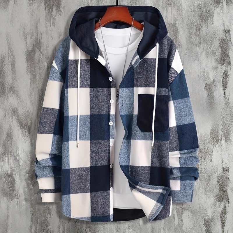 2023 Autumn/Winter Wish Amazon Men's Hooded Shirt Plaid Pocket Long Sleeve Thickened Shirt Cold-Resistant Thickened