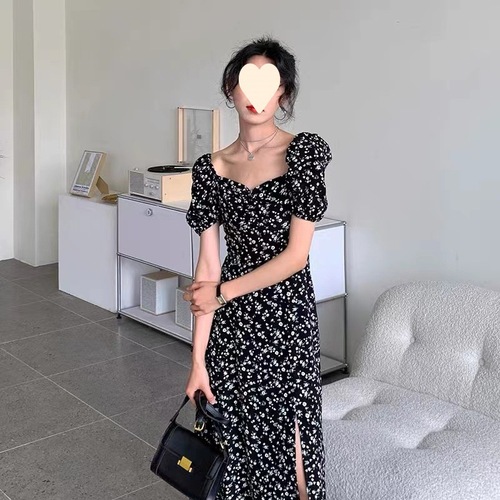 French-style first love sweet tea party square neck bubble sleeve fresh and clean floral print dress black temperament long dress for girls and boys summer