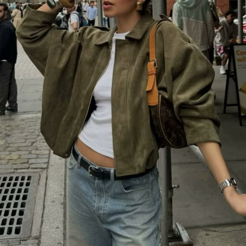 现货跨境女装批发复古欧美风麂皮绒夹克外套翻领拉链外套秋冬