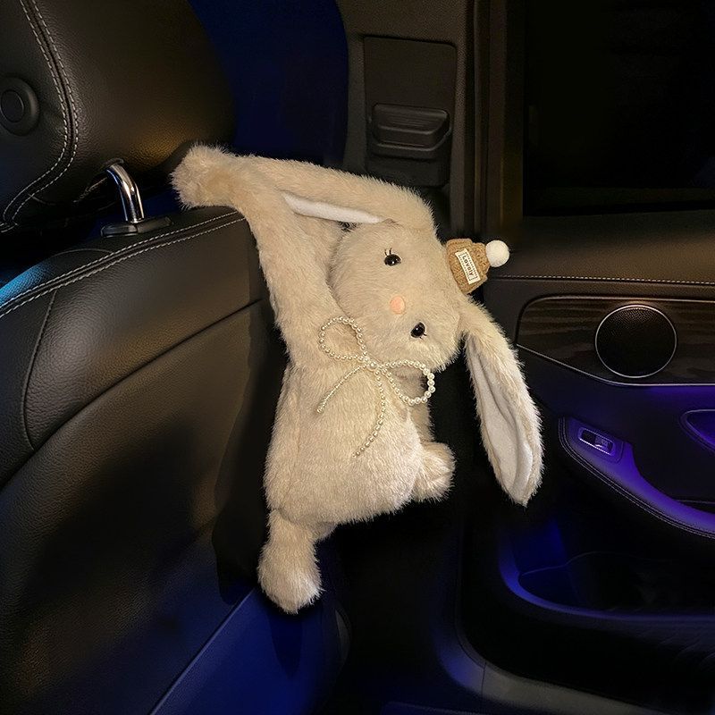 Cute plush toy car tissue box, car interior decoration tissue holder, car-mounted long-eared rabbit tissue bag, hanging type