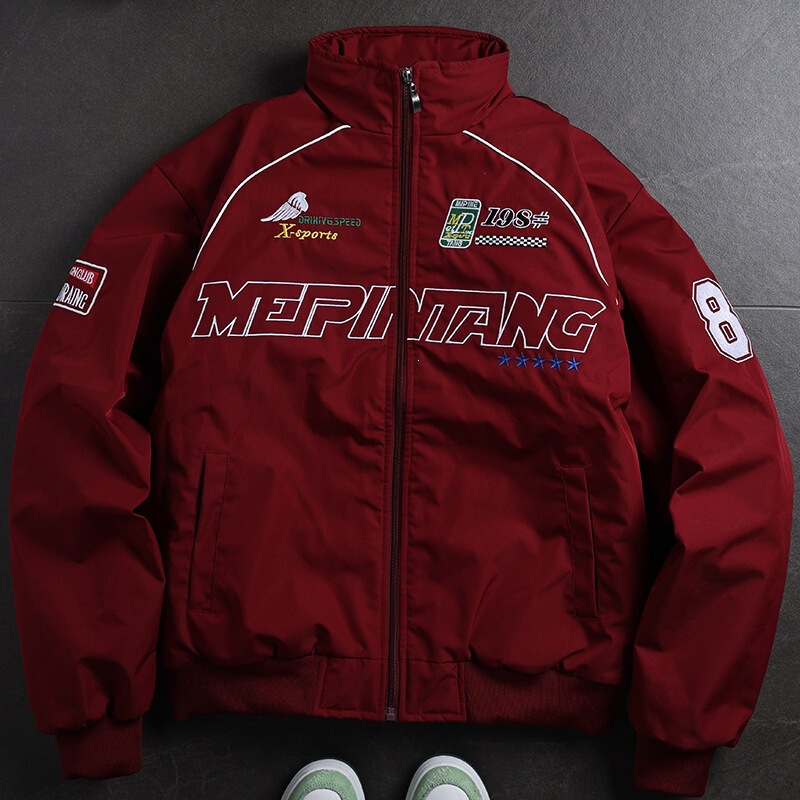 New cross-border American retro racing style motorcycle jacket, trendy letter embroidery, loose fit, thickened and padded outerwear