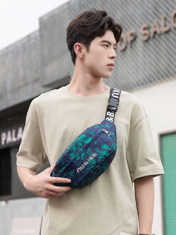 Bolso cruzado con letras de grafiti a la moda, bolso cruzado de nailon versátil y ligero para teléfono móvil, bolso de cintura portátil para exteriores, bolso de pecho para hombre