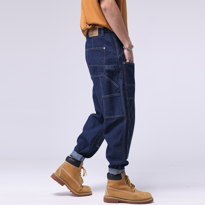 Jeans de travail d'été, pantalons longs lavés amples à tube droit pour hommes, pantalons décontractés suspendus à lisier original de marque cool et élégant dans la rue_voghion.com