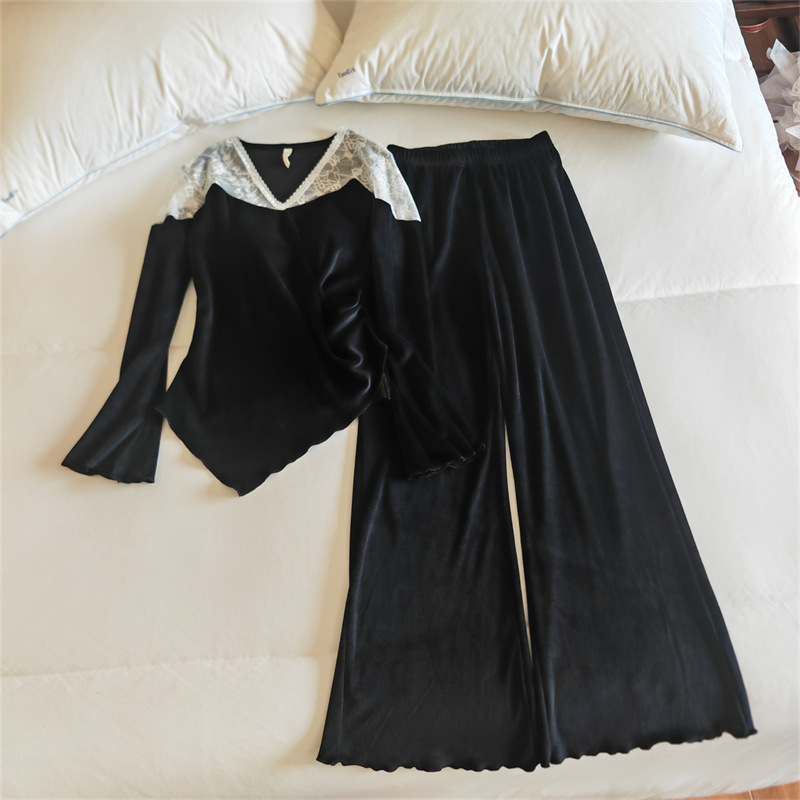 French Style Pajamas with Chest Pad Women's Autumn and Winter Island Velvet Lace Long-Sleeved Home Wear Warm Two-Piece Outfit