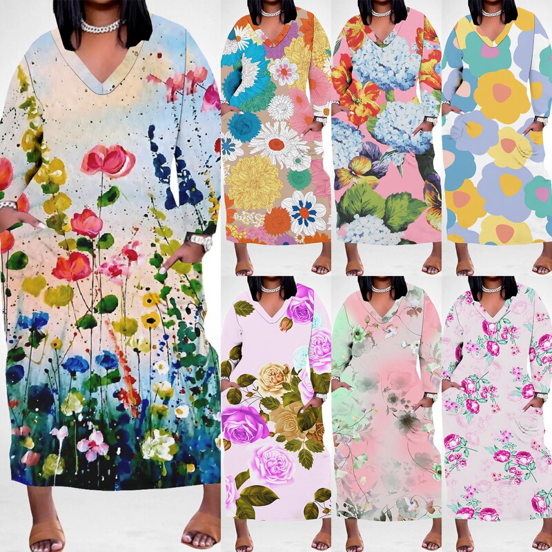 Independent Station Amazon European and American Fashion Casual Printed Plus-Size Pocket Dress A8679