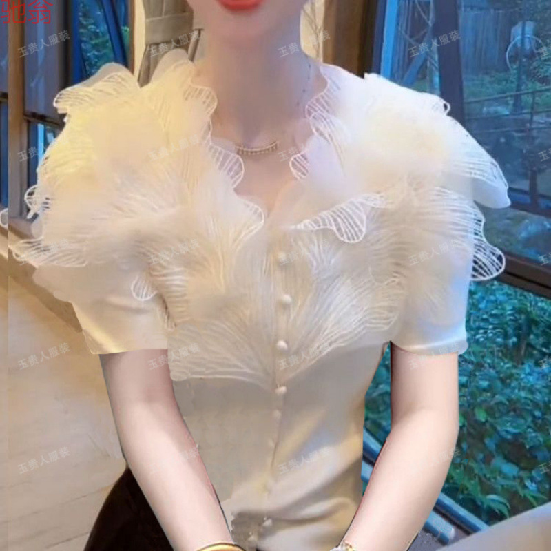 Y9Z French-Style Gentle Lace White V-Neck Slim-Fit Short-Sleeve Slimming T-Shirt New Versatile Commuter Popular Slimming