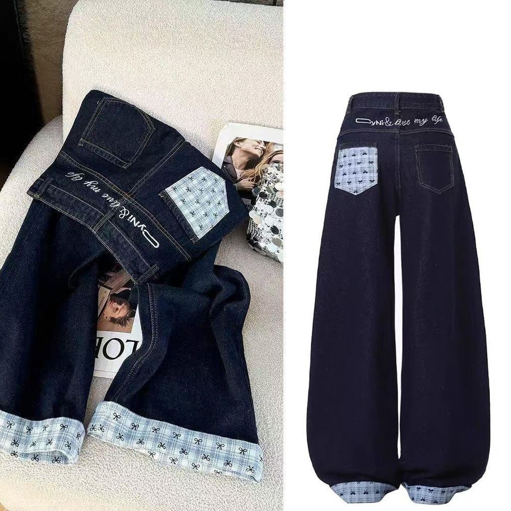 Cross-border girls' Korean retro versatile bow plaid patchwork jeans, autumn children's casual straight leg floor-length style