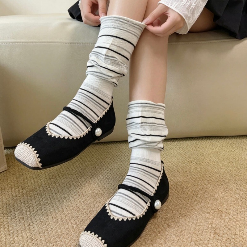 Striped Socks for Women, Mid-Calf, Korean Style, Lazy Style, Slouchy Socks, Pure Cotton, Flared Edge, Women's Long Socks, Relaxed Style Striped Socks for Women, Mid-Calf, Korean Style, Lazy Style, Slouchy Socks, Pure Cotton, Flared Edge, Women's Long Socks, Relaxed Style