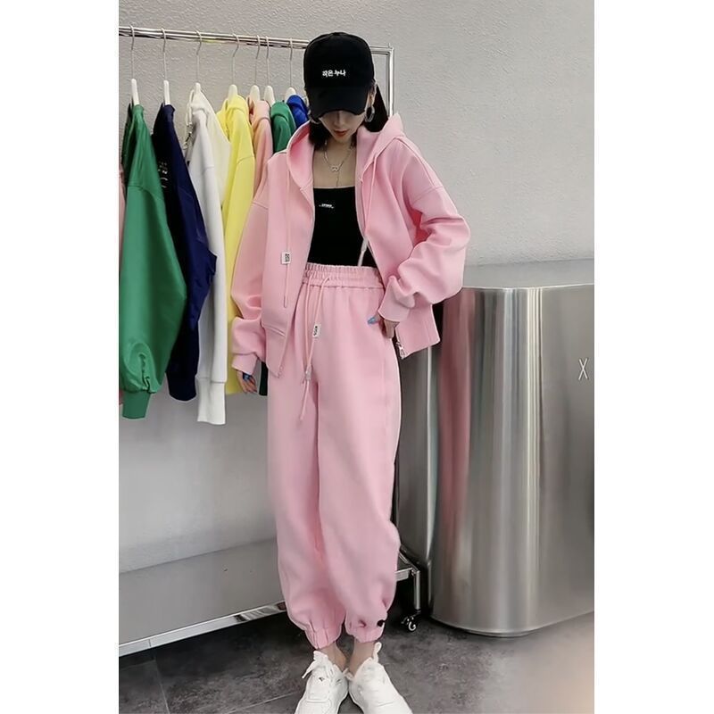 胖MM特大码休闲运动套装女秋冬季宽松显瘦高腰束脚裤连帽时尚2件|undefined
