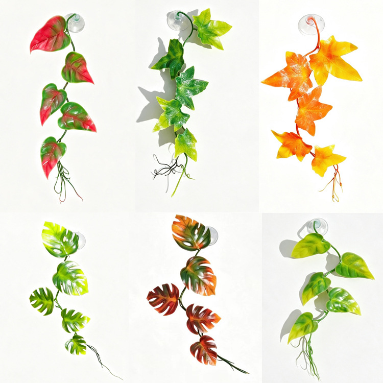 Artificial green vine leaves, artificial plants for reptile enclosures, small wall-mounted suction cup decorations for jumping spiders and geckos