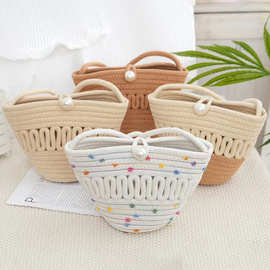 新款百搭手工编织包包棉线水桶包女士时尚简约小众单肩斜跨包银色