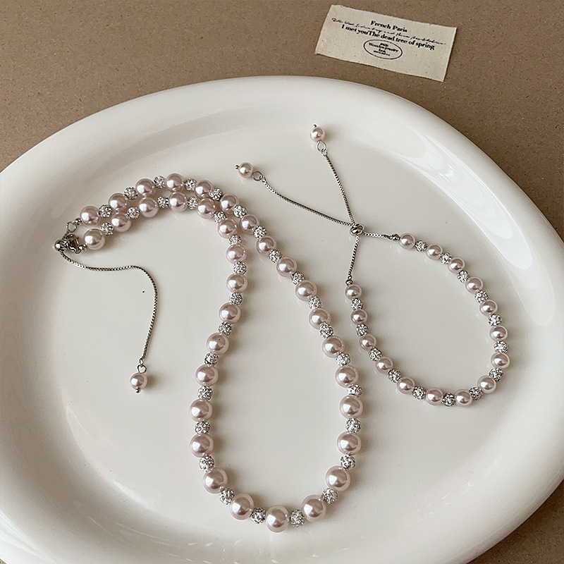 High-grade Manta Rose Pink Pearl Laser Ball Necklace Bracelet Women's Light Luxury Vintage All-match Necklace Chain Clavicle Chain