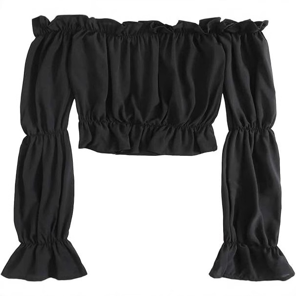 2025 Renaissance Medieval Women's Off-Shoulder Pleated Trim Puff Long Sleeve Tube Top Navel-Baring Shirt Top