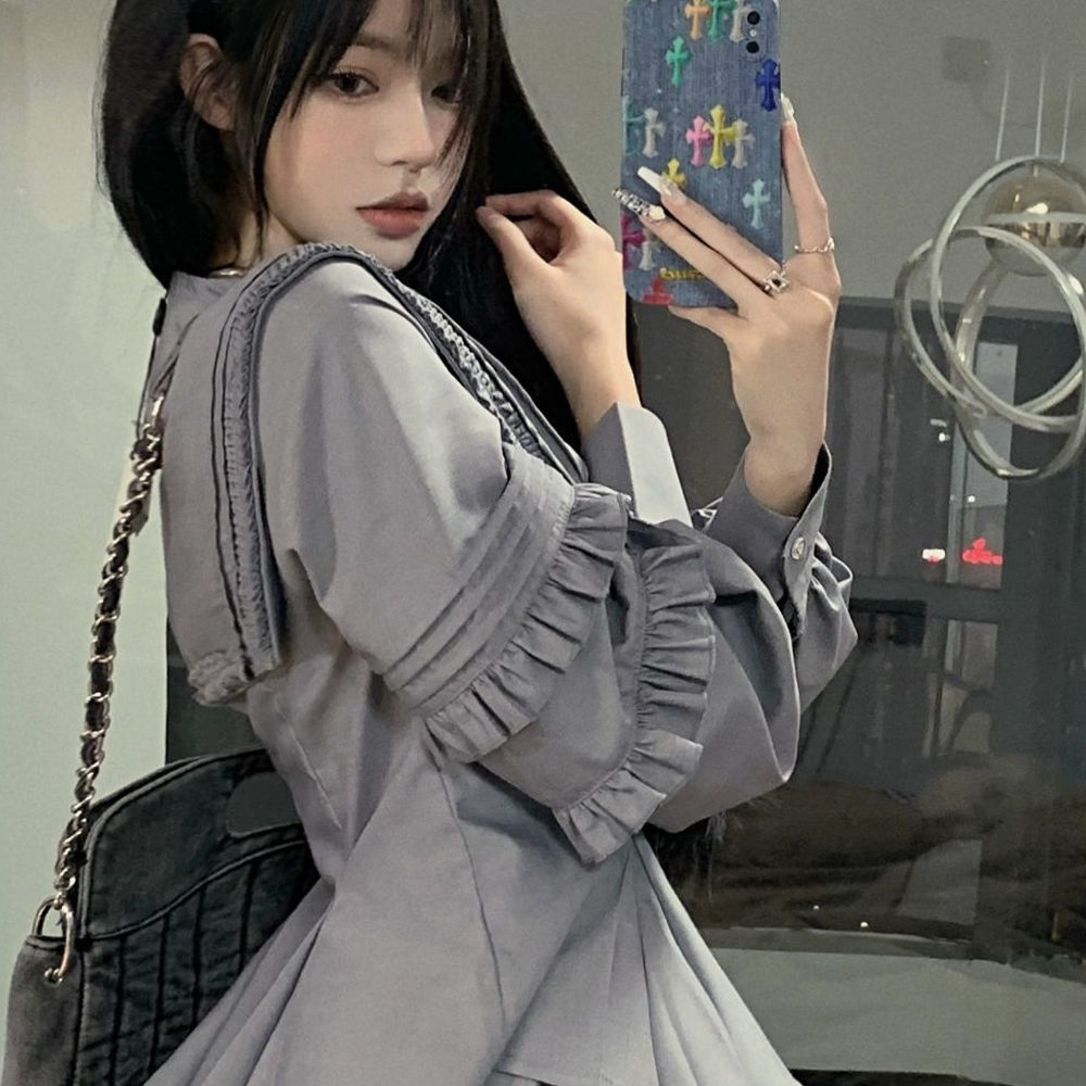 EOS SALT SWEET 2 피스 네이비 칼라 그레이 웨이스트 레이스 셔츠 A-라인 스커트 젠틀 세트