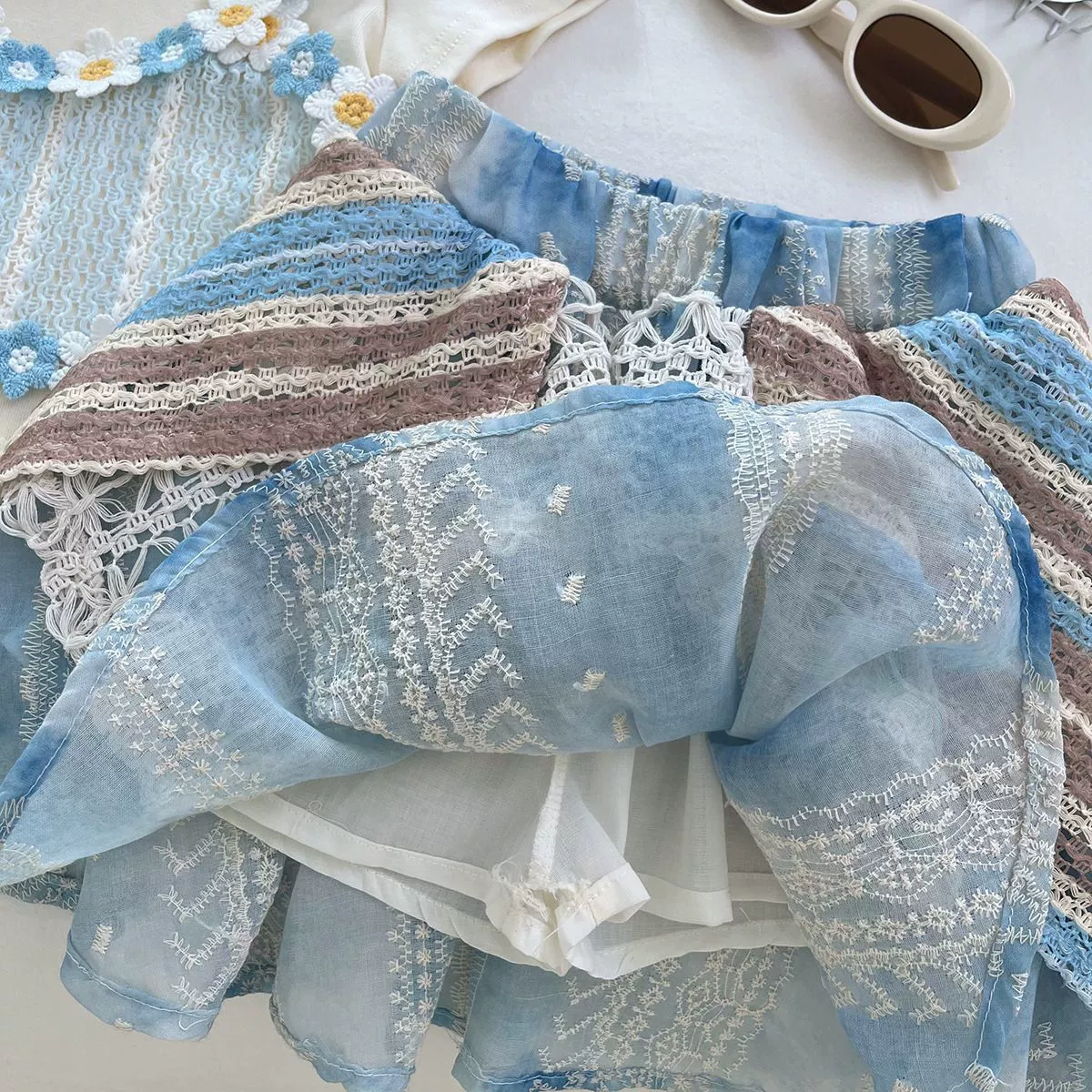 Летняя мини-юбка, комплект, корейский стиль, с коротким рукавом, в цветочек
