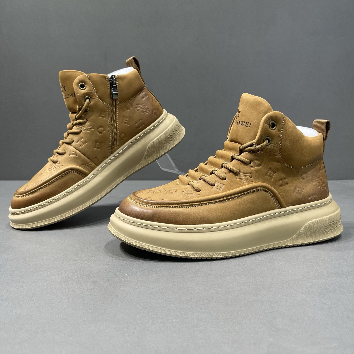 Men's Autumn Genuine Leather White Shoes, High-End Light Luxury Printed Casual Shoes, Men's Trendy Versatile Thick-Soled High-Top Sneakers