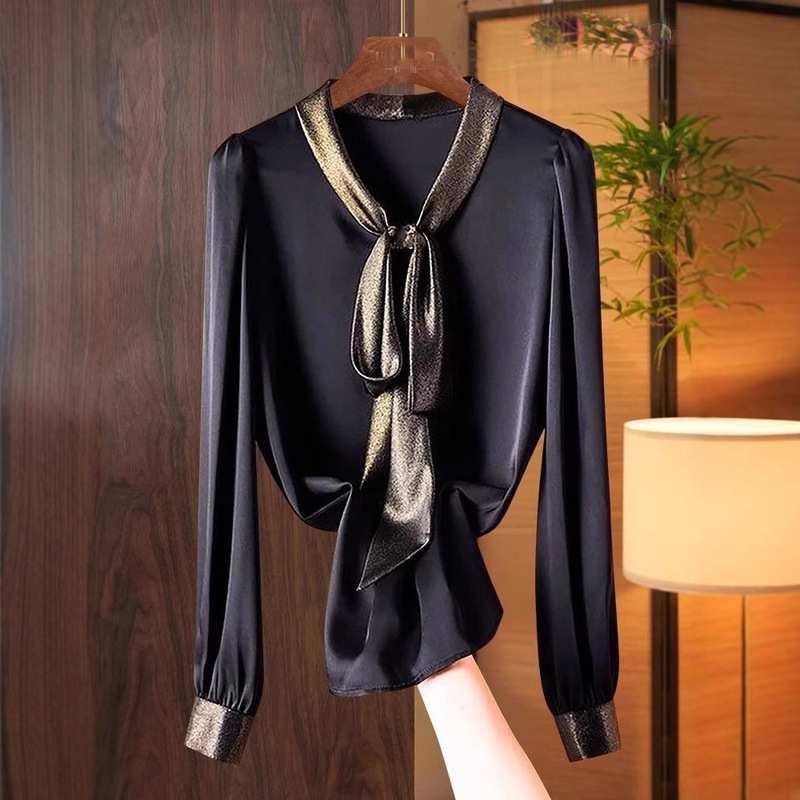 Black Shirt with a High-End Feel, 2025 Autumn Design, Gold Color-Blocking, Lace-Up, Elegant Satin Top, Plus Size
