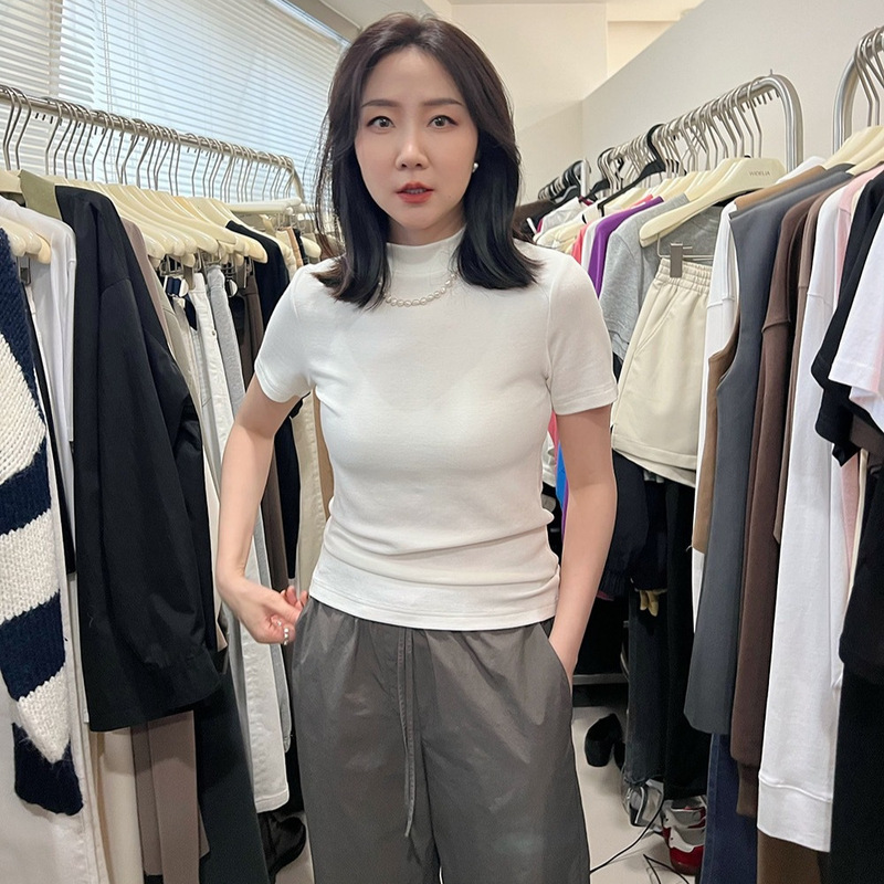 Spring and Summer New T-Shirt Boss Lady's Same Style Small Stand-Up Collar Short-Sleeved Bottoming Shirt Pure Color t Inner Wear Slim High Elastic Top for Women