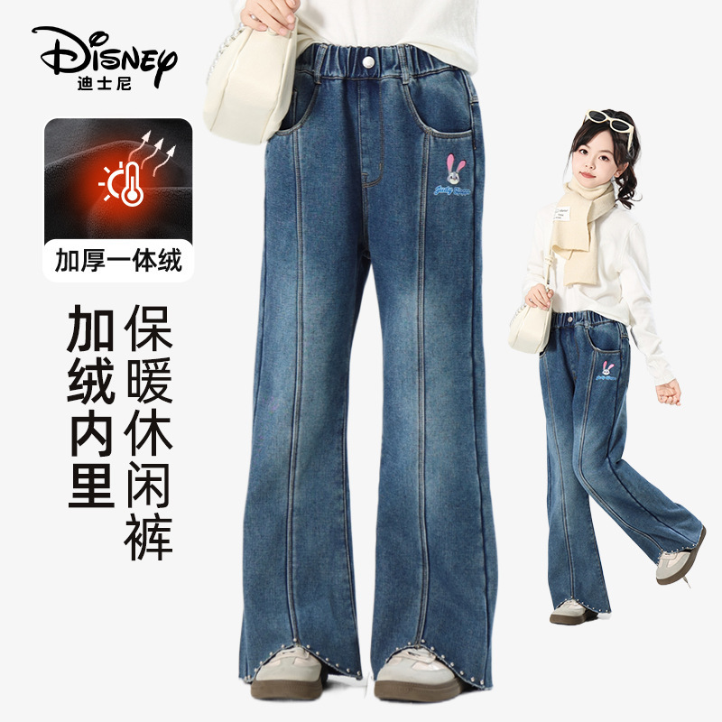 Judy Girls' Fleece-Lined Jeans 2025 New Style Warm Children's Straight-Leg Pants Fashionable Kids' Winter Pants