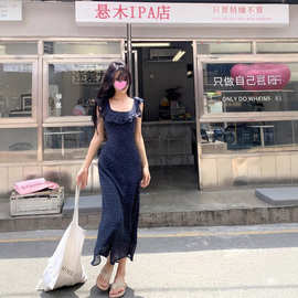 法式碎花波点飞飞袖荷叶边吊带连衣裙女夏季气质收腰包臀裙长裙子