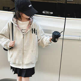女宝格子连帽棒球服外套中大童春秋新款粉色潮酷休闲百搭连帽外套
