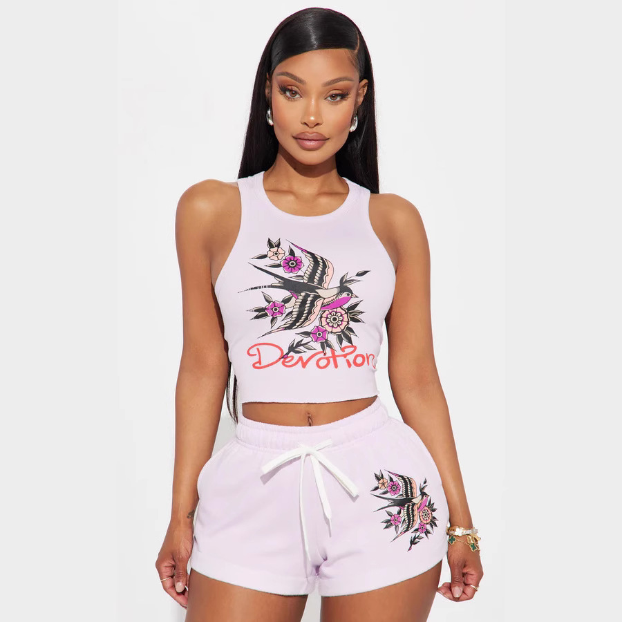 2025 Cross-border European and American Positioning Printed Vest Shorts Casual suit
