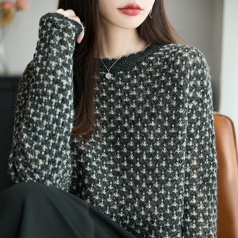 2025 Autumn and Winter French Lace Collar Jacquard Plus Bright Silk Round Neck Pullover Thickened Versatile Sweater for Women 2025 Autumn and Winter French Lace Collar Jacquard Plus Bright Silk Round Neck Pullover Thickened Versatile Sweater for Women