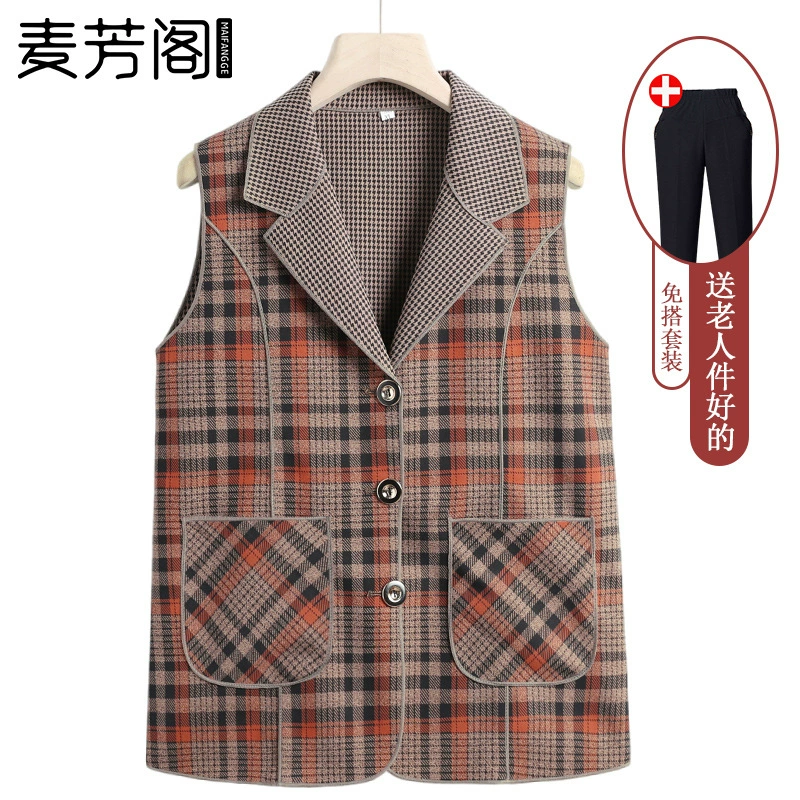 Осенний жилет для женщин среднего и старшего возраста, жилет в клетку для бабушки, жилет-куртка для мамы 60-70 лет, одежда для пожилых женщин
