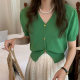 Summer Ice Silk Short Sleeve V-neck Black Chanel Style Knitted Small Cardigan Women's Thin Short Puff Sleeve Top T-shirt Trendy