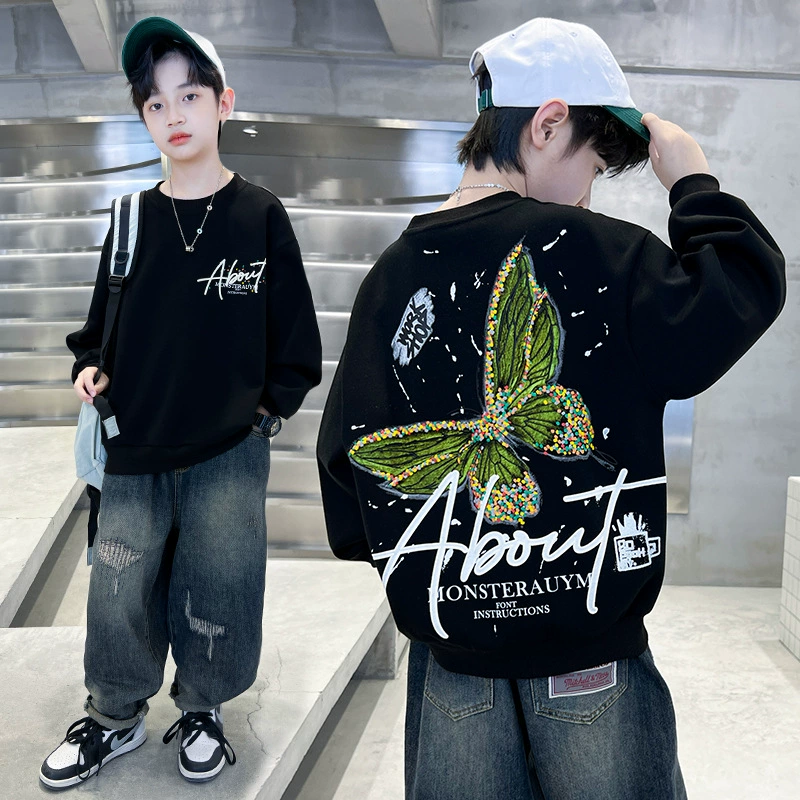 Модные весенне-осенние толстовки из чистого хлопка для мальчиков среднего и большого размера, красивая и стильная, красивая зимняя модная бархатная одежда