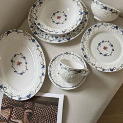 法式假日浪漫蓝色玫瑰庄园浮雕花卉陶瓷盘碗甜品盘汤盘餐具套装