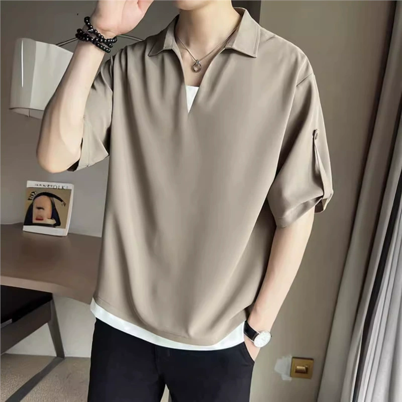 Поддельные две рубашки поло с V-образным вырезом мужские короткие рукава сплошной цвет минималистский топ летняя полукрукавная рубашка красивый легкий стиль футболки новый мужчина