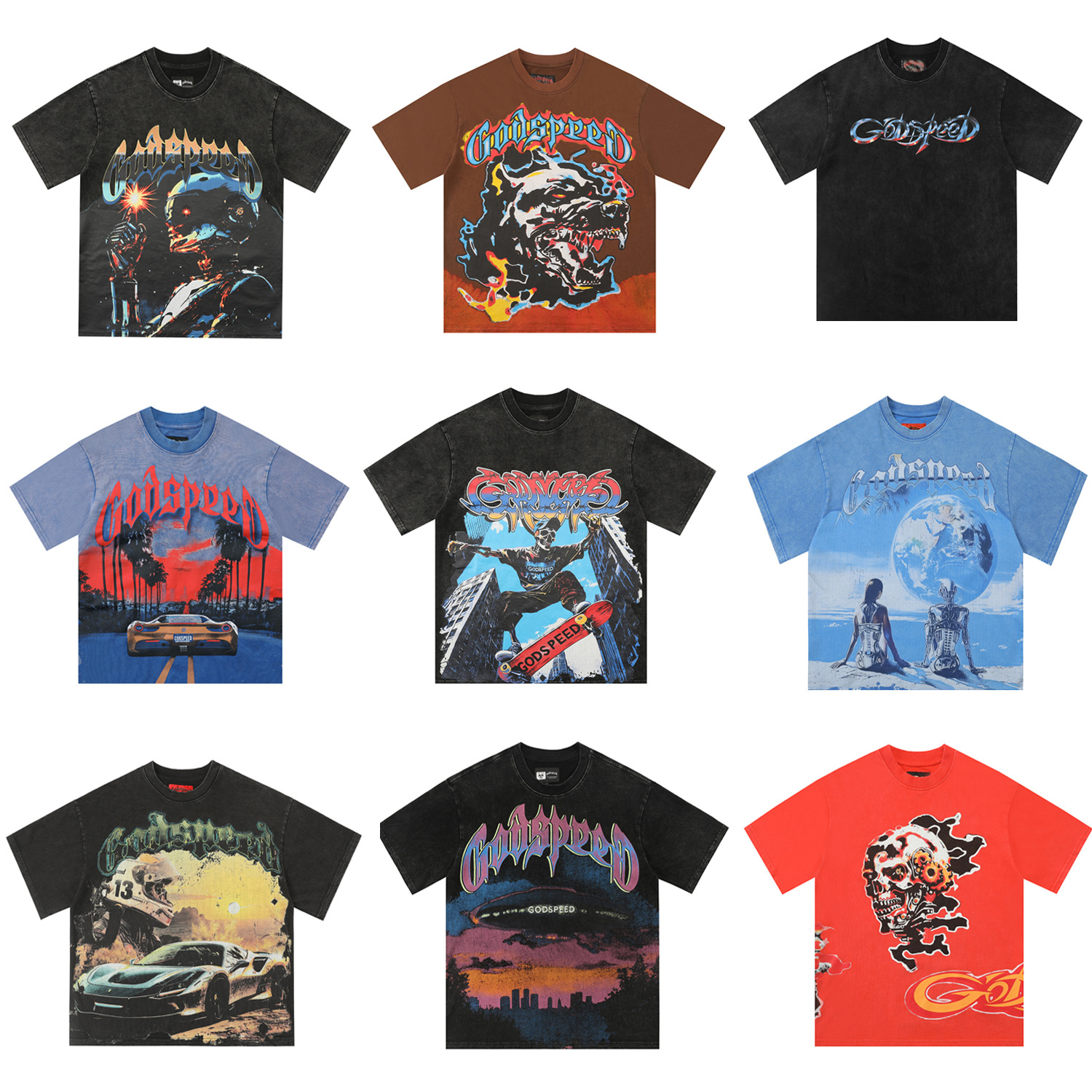 跨境外贸Godspeed骷髅短袖T恤美式潮牌街头摇滚印花字母上衣夏季