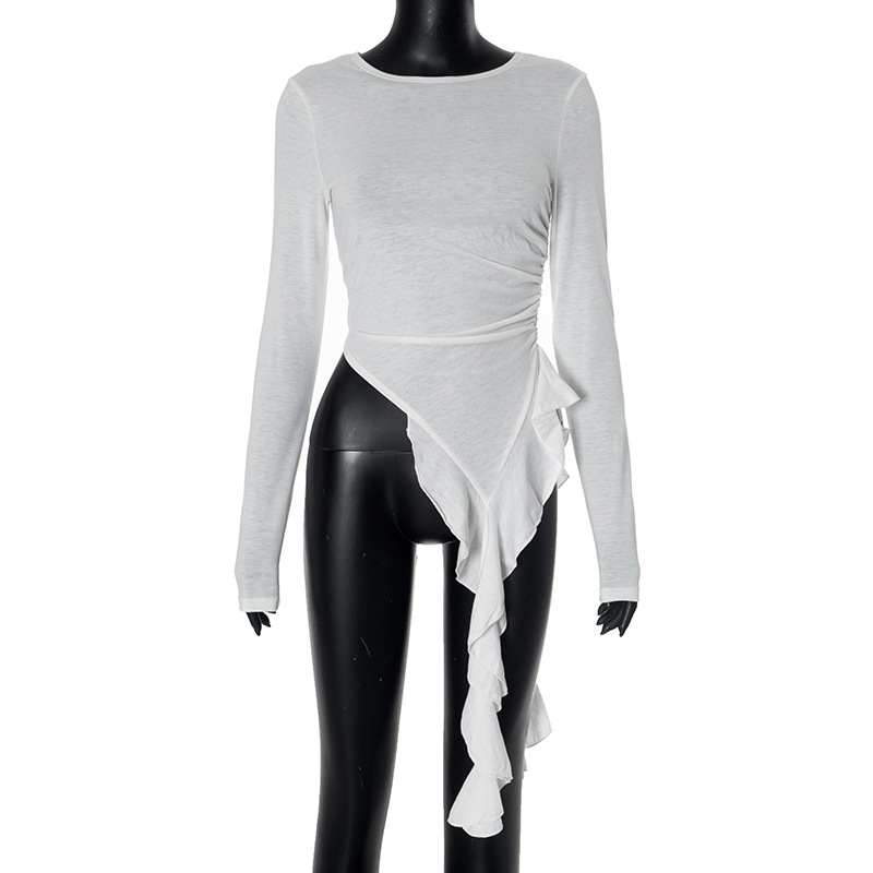 Round Neck Long Sleeve with Ruffles Slim Fit Top Women Clothing