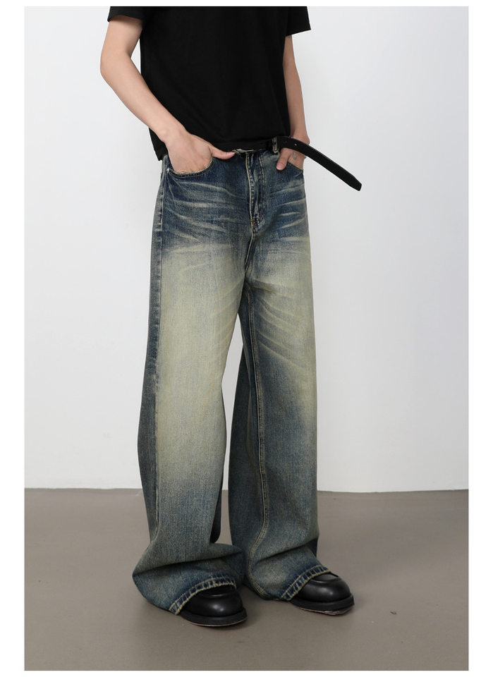 Quần jeans nam dáng rộng ống đứng phong cách retro Mỹ, giặt mài làm cũ — Màu xanh dương chi tiết 11