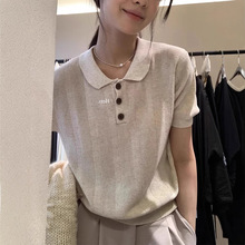 日系冰丝亚麻Polo衫短袖t恤女夏季宽松休闲翻领针织衫老钱风上衣