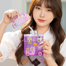 卡通塑料杯行李箱水杯可爱男女学生硅胶吸管便携户外创意塑料水壶