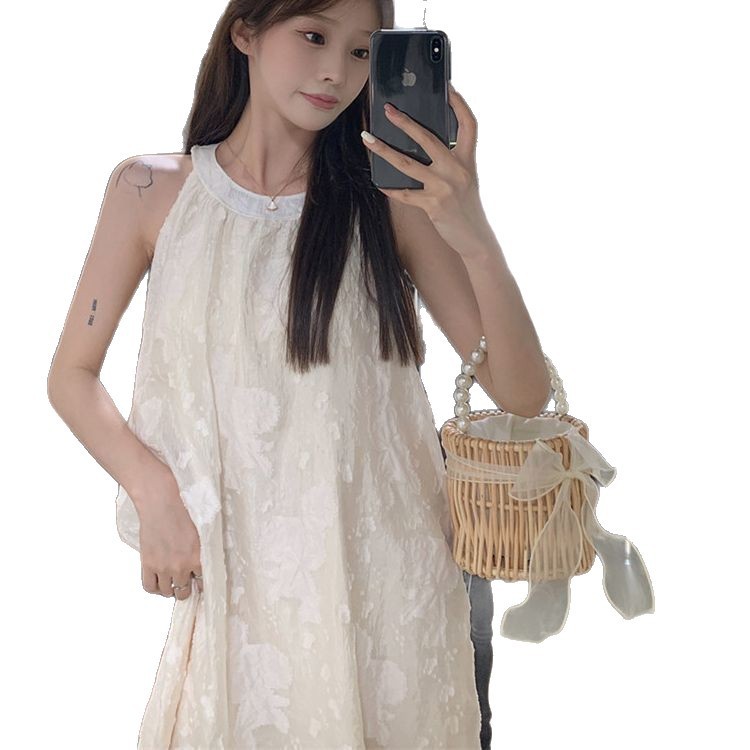 无袖挂脖连衣裙女春夏2025新款大码胖mm减龄雪纺蕾丝钩花露肩裙子|undefined