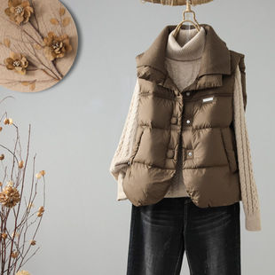 European Goods 2025 New Autumn and Winter down Jacket Vest for Women, Lightweight Knitted Splicing Double-Layer Collar White Duck down Vest Jacket