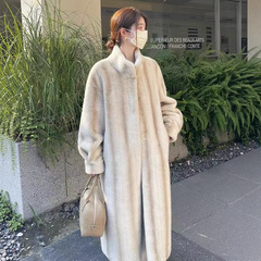 跨境十字貂环保皮草水貂绒立领加厚毛毛外套女过膝加长款大衣